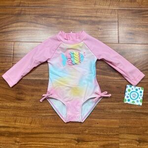 NWT New Little Me Baby Girl Pink Blue Tie Dye Fish Zip Long Sleeve Swimsuit 3-6M